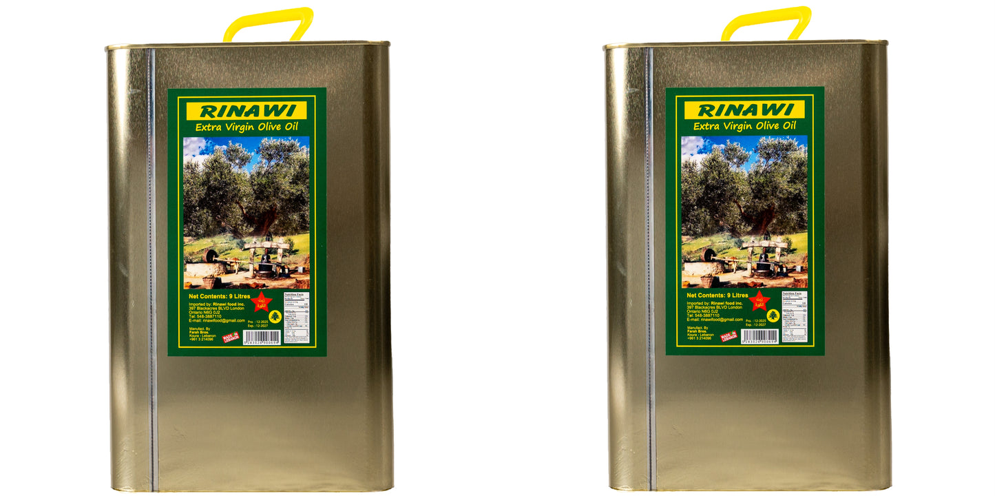 Two cans of Rinawi Extra Virgin Olive Oil on a white background