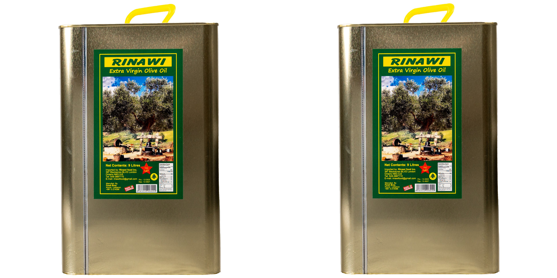 Two cans of Rinawi Extra Virgin Olive Oil on a white background