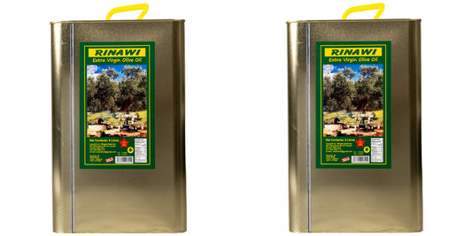 Two cans of Rinawi Extra Virgin Olive Oil on a white background